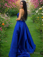 A-Line/Princess Spaghetti Straps Sweep Train Satin Prom Dresses