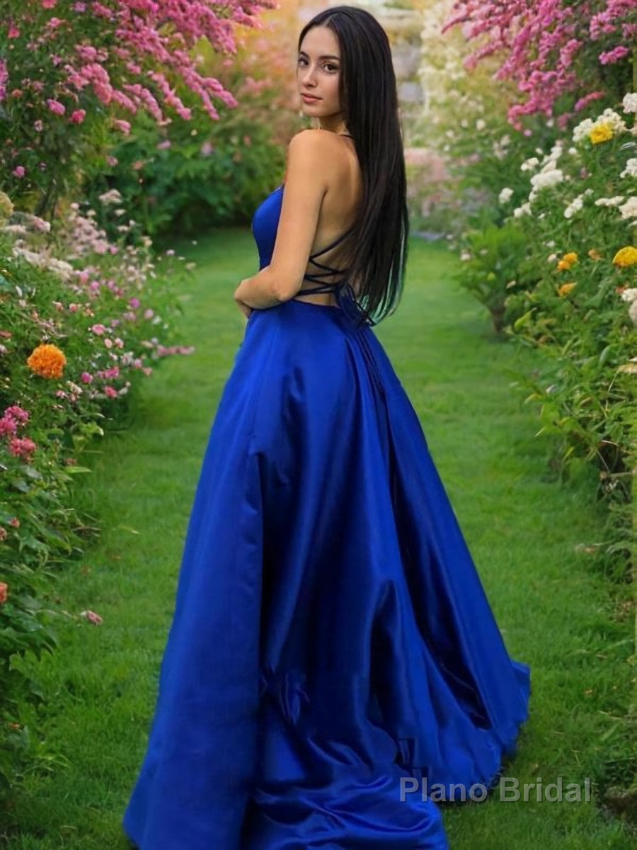 A-Line/Princess Spaghetti Straps Sweep Train Satin Prom Dresses