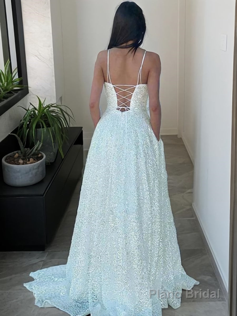 A-Line/Princess Spaghetti Straps Sweep Train Sequins Prom Dresses With Pockets Secondary image
