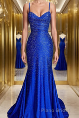 A-Line/Princess Spaghetti Straps Sweep Train Silk like Satin Formal Prom Dresses With Ruffles