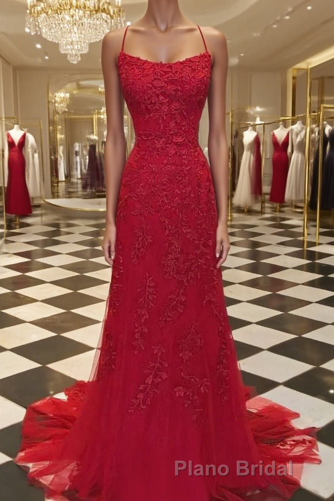 A-Line/Princess Spaghetti Straps Sweep Train Tulle Evening Dresses With Appliques Lace Main image