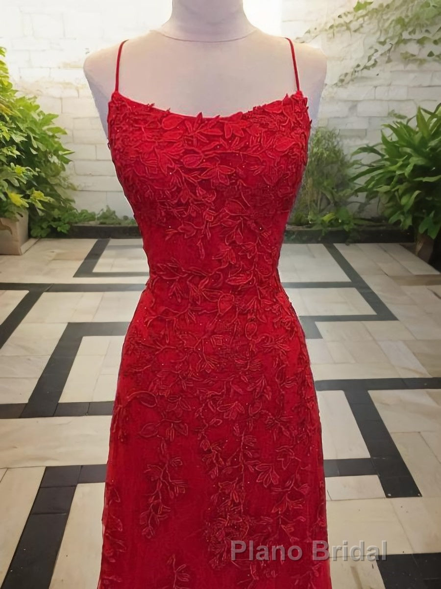 A-Line/Princess Spaghetti Straps Sweep Train Tulle Evening Dresses With Appliques Lace Secondary image