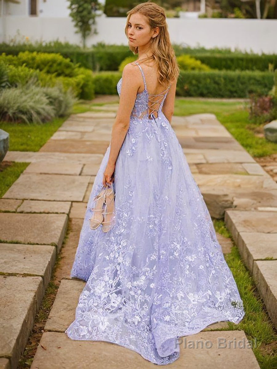 A-Line/Princess Spaghetti Straps Sweep Train Tulle Prom Dresses With Appliques Lace Secondary image