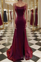 A-Line/Princess Spaghetti Straps Sweep Train Velvet Formal Prom Dresses With Leg Slit