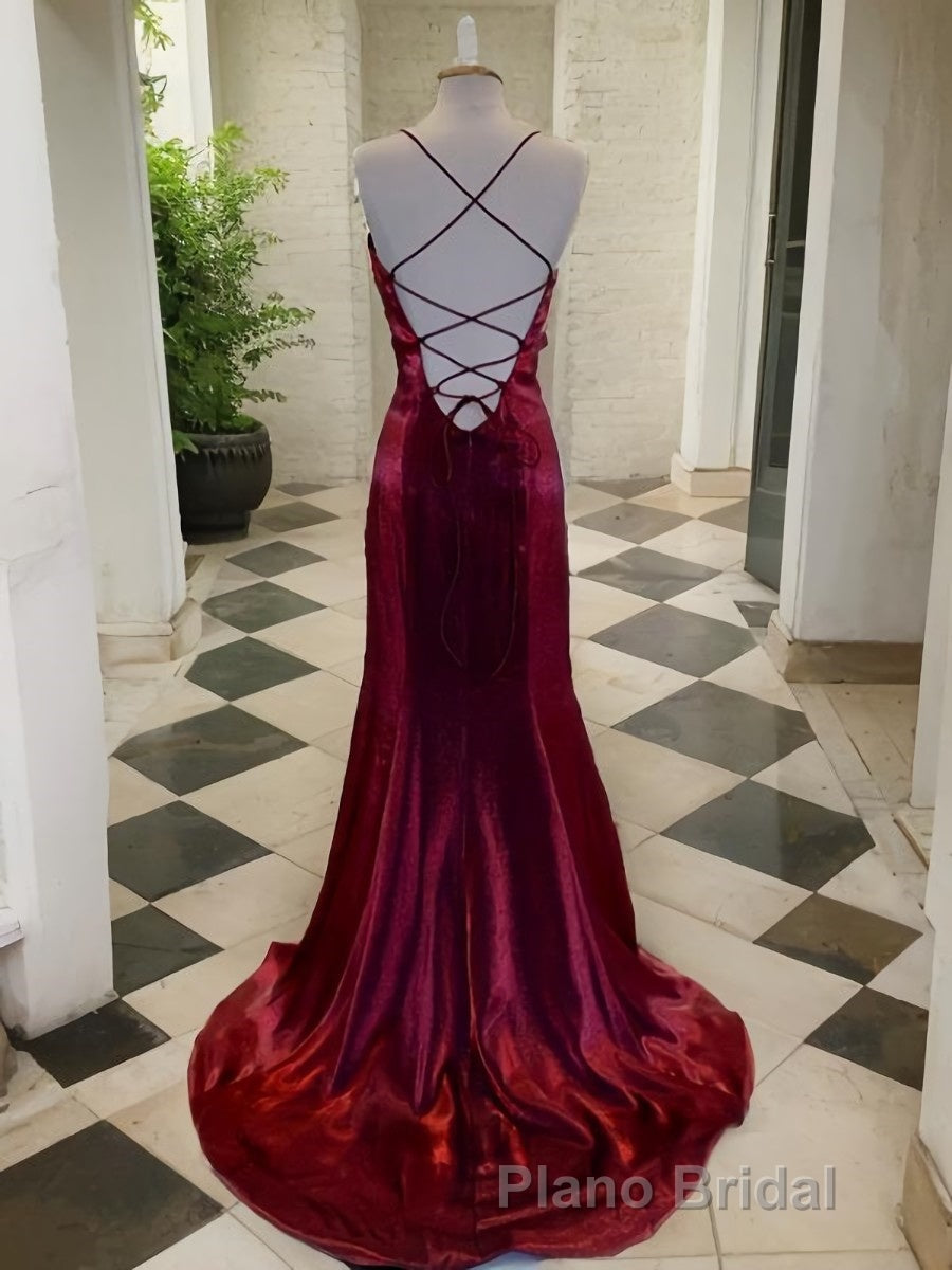 A-Line/Princess Spaghetti Straps Sweep Train Velvet Formal Prom Dresses With Leg Slit