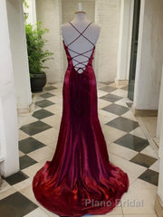 A-Line/Princess Spaghetti Straps Sweep Train Velvet Formal Prom Dresses With Leg Slit