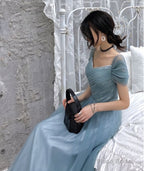 A-Line Princess Square Neckline Short Sleeve Floor-Length Prom Dresses