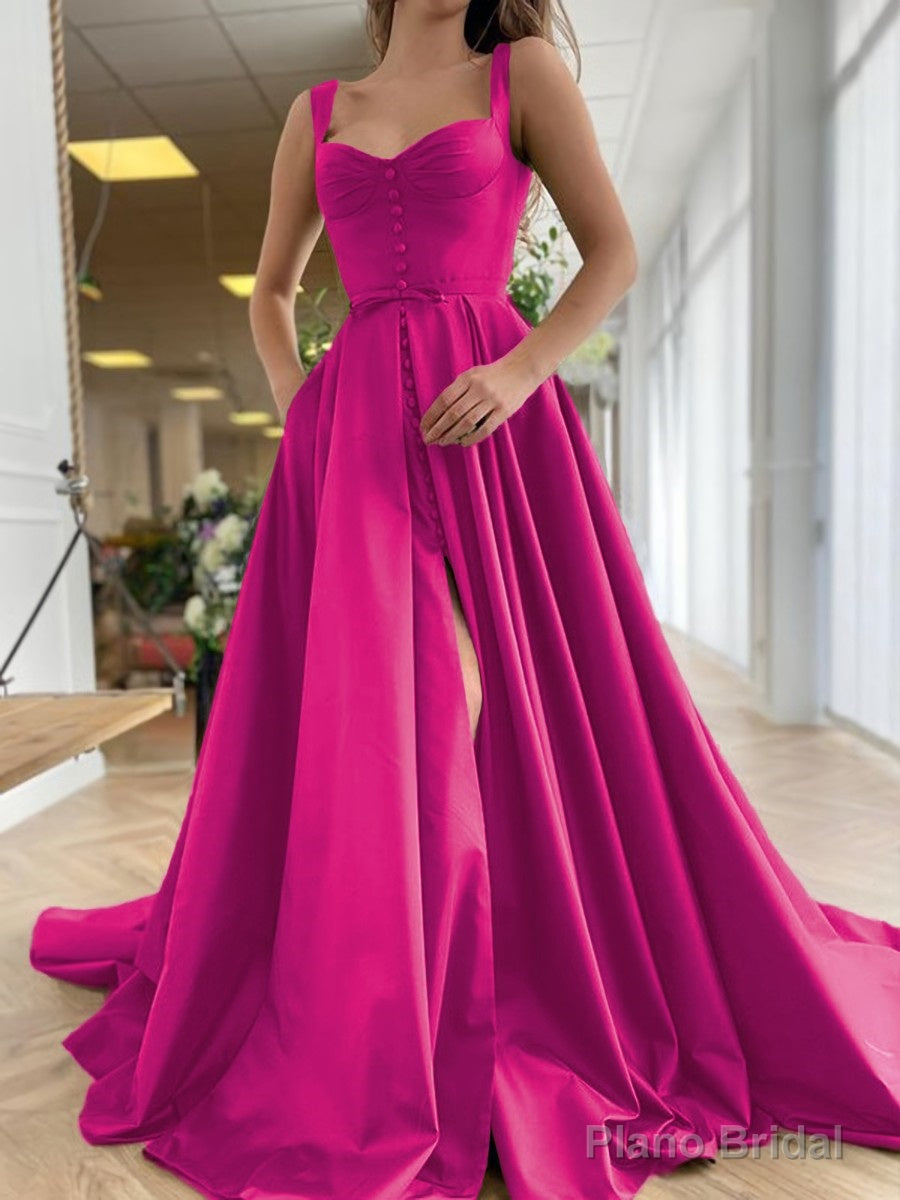 A-Line/Princess Straps Court Train Satin Prom Dresses With Pockets