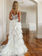 A-Line/Princess Straps Court Train Tulle Prom Dresses With Leg Slit