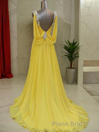 A-Line/Princess Straps Sweep Train Chiffon Formal Prom Dresses With Beading