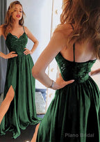 A-line/Princess Sweetheart Sleeveless Long/Floor-Length Charmeuse Prom Dresses With Split Lace