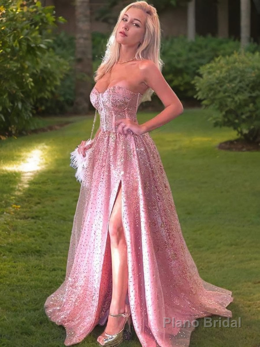 A-Line/Princess Sweetheart Sweep Train Prom Dresses With Leg Slit Main image