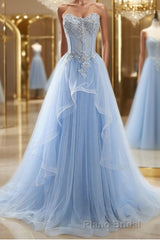 A-Line/Princess Sweetheart Sweep Train Tulle Formal Prom Dresses With Appliques Lace