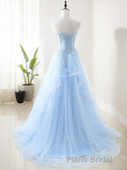 A-Line/Princess Sweetheart Sweep Train Tulle Formal Prom Dresses With Appliques Lace