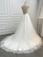 A-Line/Princess Tulle Applique V-Neck Sleeveless Chapel Train Wedding Dresses