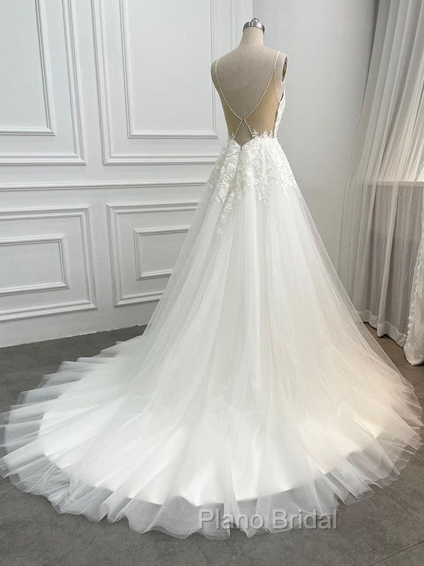 A-Line/Princess Tulle Applique V-Neck Sleeveless Chapel Train Wedding Dresses