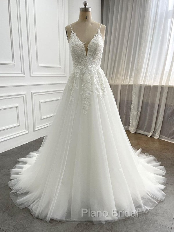 A-Line/Princess Tulle Applique V-Neck Sleeveless Chapel Train Wedding Dresses