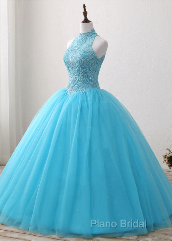 A-Line/Princess Tulle Appliques Lace Formal Prom Dresses With Beading