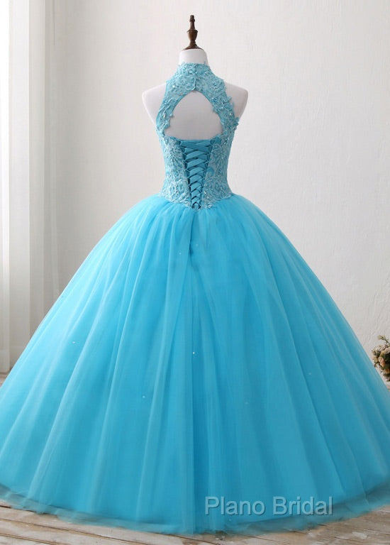 A-Line/Princess Tulle Appliques Lace Formal Prom Dresses With Beading
