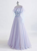 A-Line/Princess Tulle Jewel Floor-Length Formal Prom Dresses With Beaded Lace Appliques