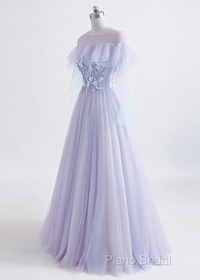 A-Line/Princess Tulle Jewel Floor-Length Formal Prom Dresses With Beaded Lace Appliques