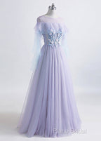 A-Line/Princess Tulle Jewel Floor-Length Formal Prom Dresses With Beaded Lace Appliques