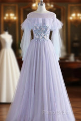 A-Line/Princess Tulle Jewel Floor-Length Formal Prom Dresses With Beaded Lace Appliques