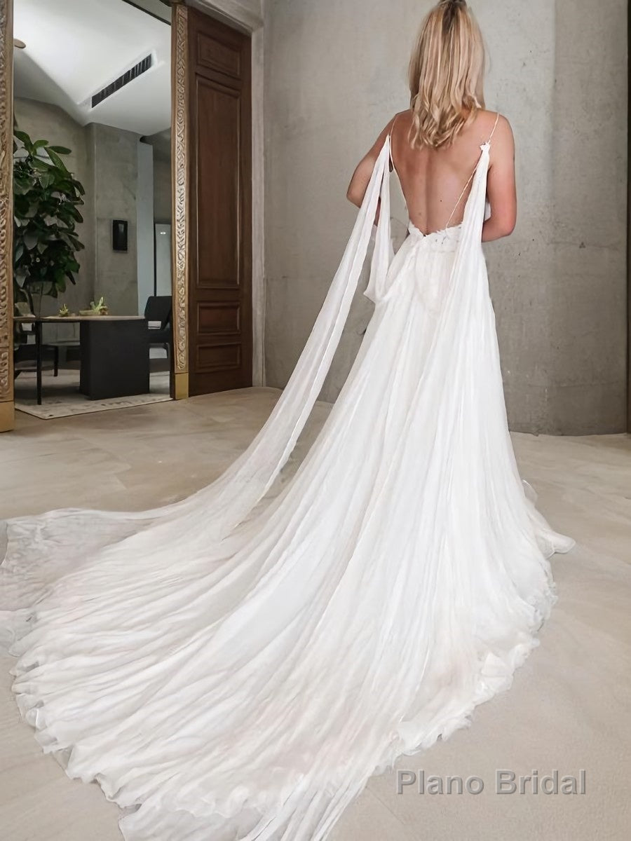 A-Line/Princess V-neck Chapel Train Chiffon Wedding Dresses With Leg Slit Secondary image