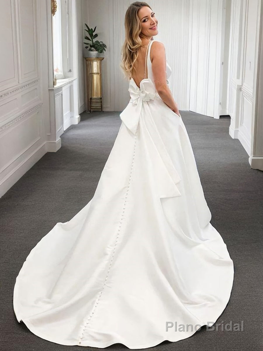 A-Line/Princess V-neck Court Train Satin Wedding Dresses With Bow Secondary image