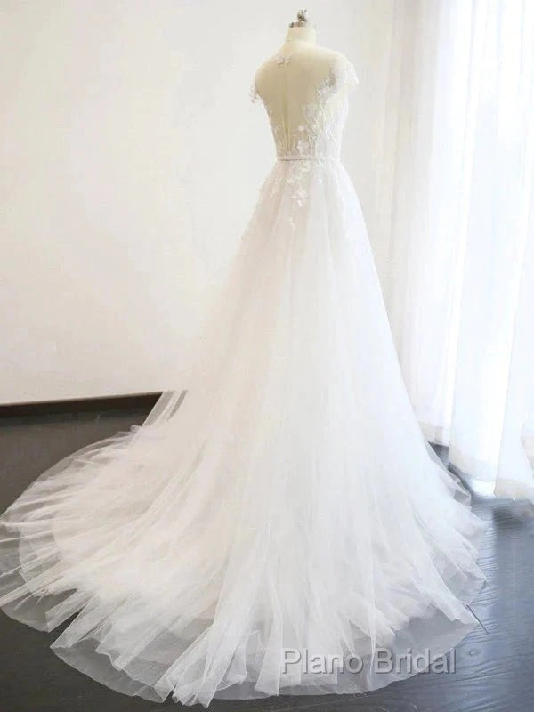 A-Line/Princess V-Neck Court Train Short Sleeves Applique Tulle Wedding Dresses Secondary image