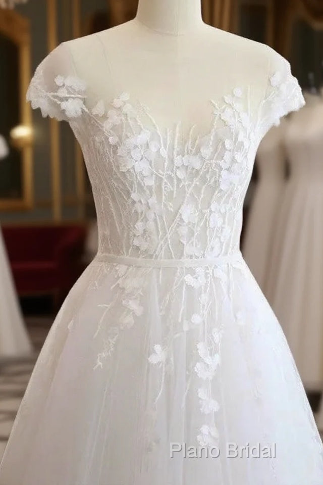 A-Line/Princess V-Neck Court Train Short Sleeves Applique Tulle Wedding Dresses Main image