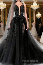 A-line/Princess V-neck Court Train Tulle Wedding Dresses with Appliques Lace
