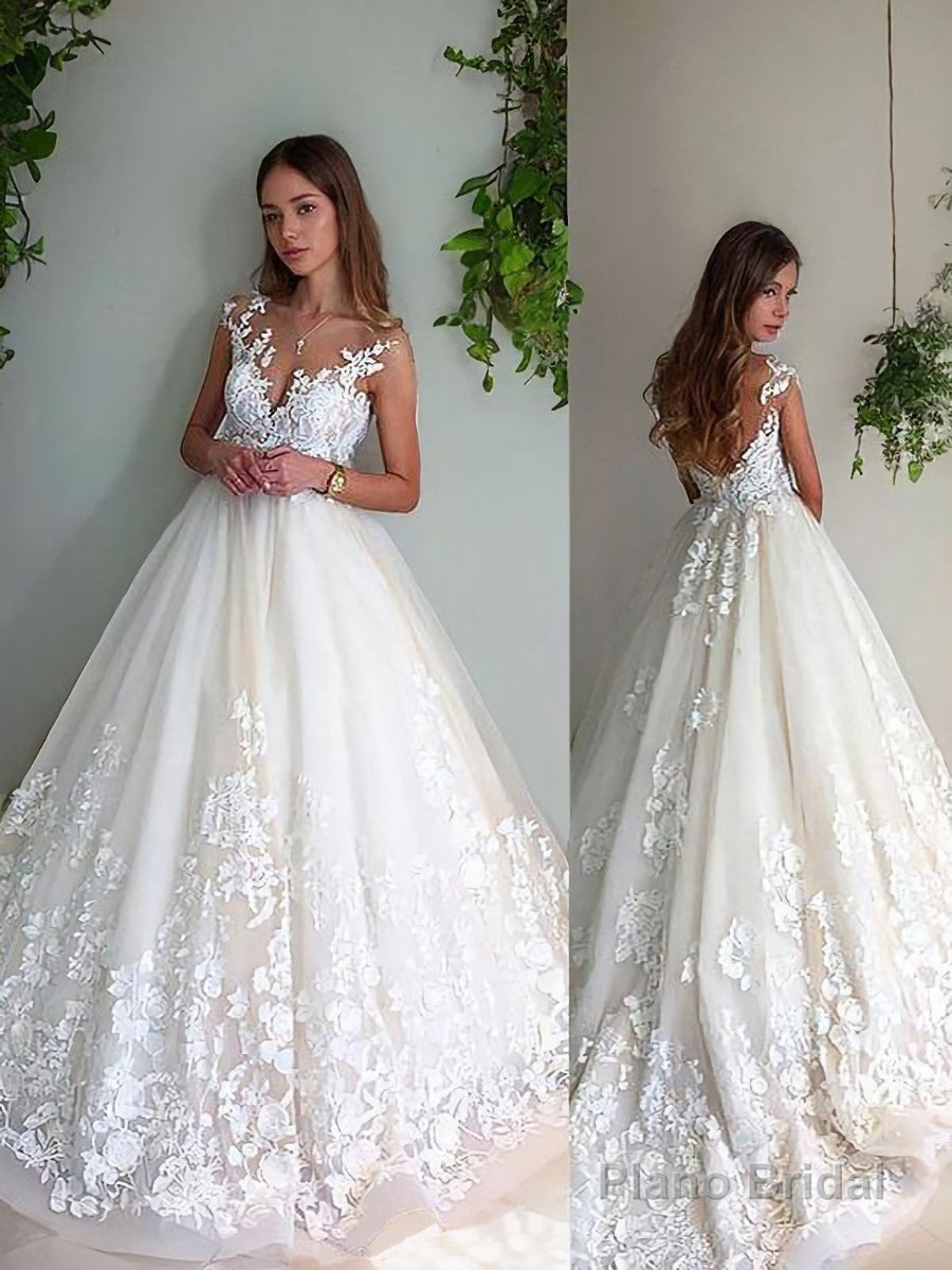 A-Line/Princess V-neck Court Train Tulle Wedding Dresses With Appliques Lace Main image