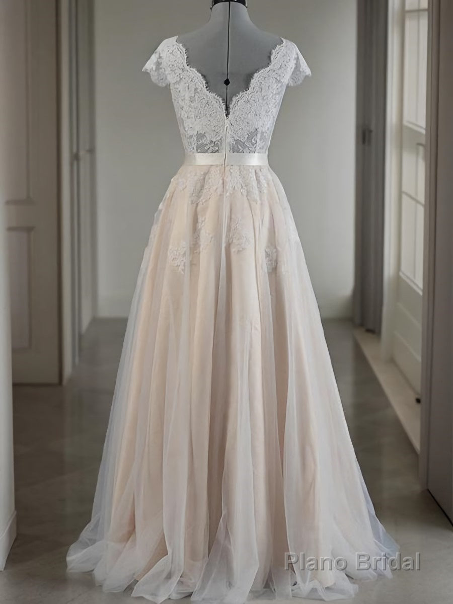 A-Line/Princess V-neck Floor-Length Lace Wedding Dresses With Appliques Lace Main image