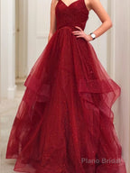 A-Line/Princess V-neck Floor-Length Net Prom Dresses