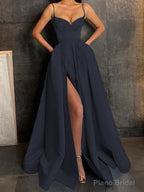 A-Line/Princess V-neck Floor-Length Satin Prom Dresses With Leg Slit