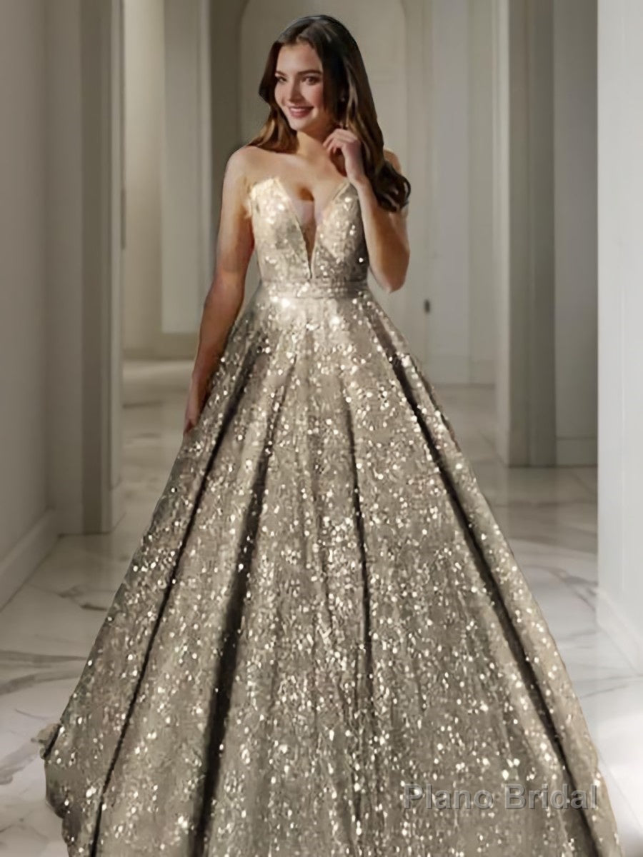 A-Line/Princess V-neck Floor-Length Sequins Prom Dresses With Ruffles Main image