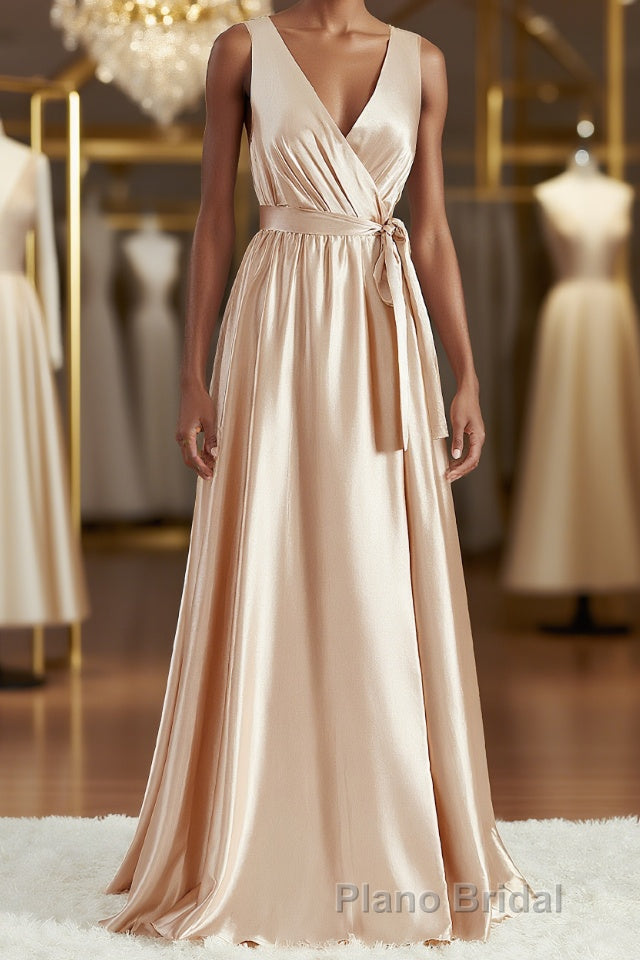 A-Line/Princess V-neck Floor-Length Silk like Satin Bridesmaid Dresses with Belt/Sash Main image