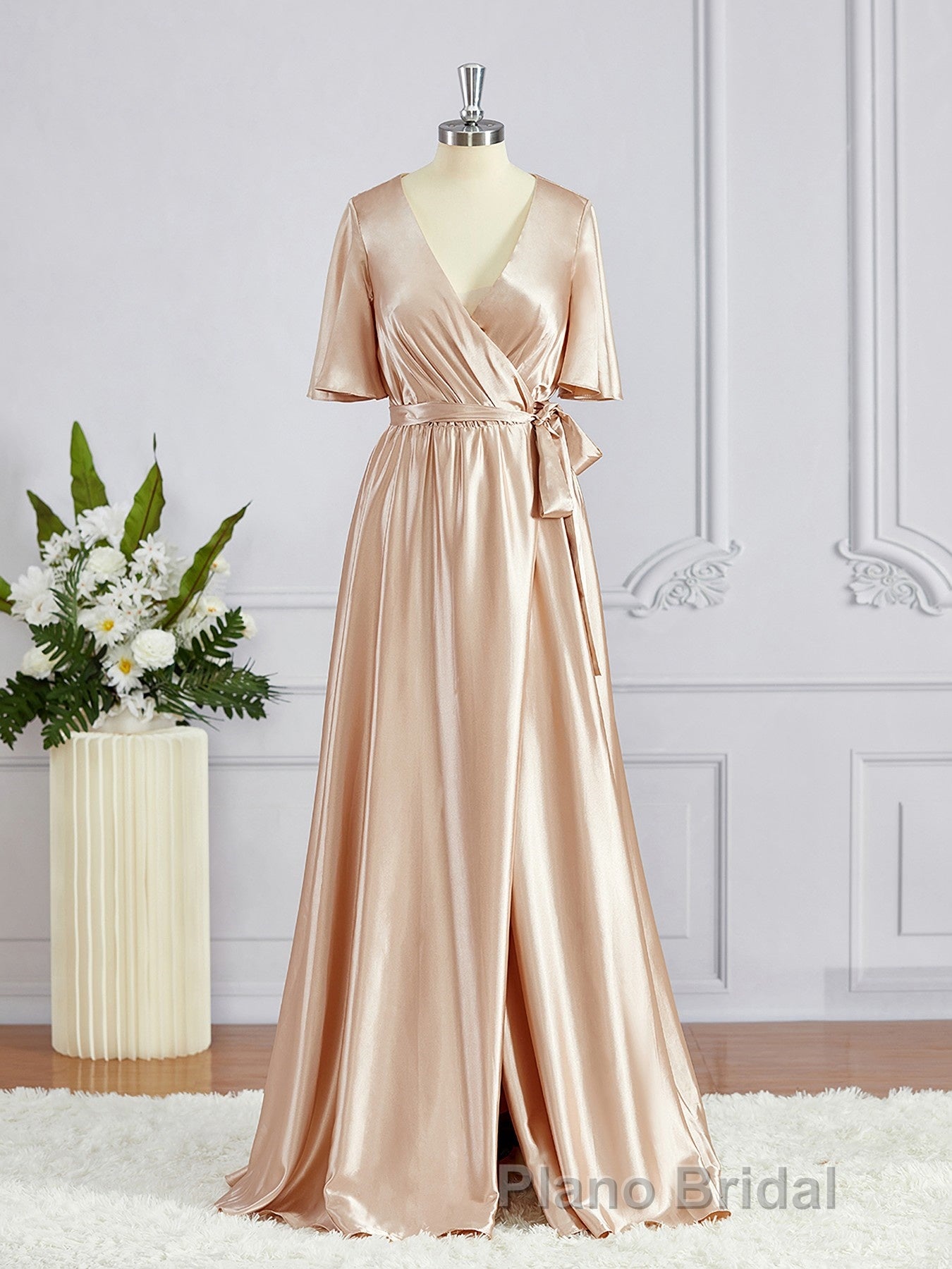 A-Line/Princess V-neck Floor-Length Silk like Satin Bridesmaid Dresses with Belt/Sash