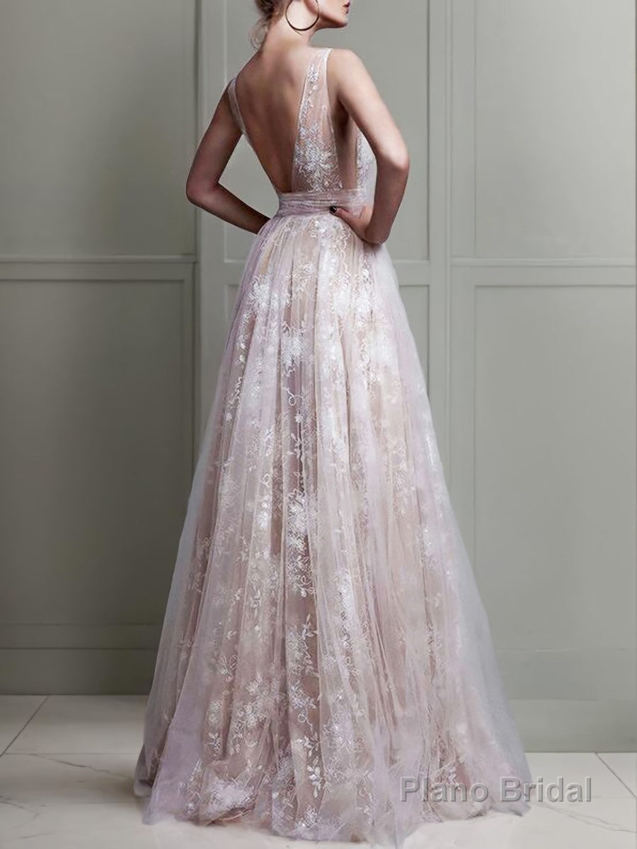 A-Line/Princess V-neck Floor-Length Tulle Evening Dresses With Appliques Lace Secondary image