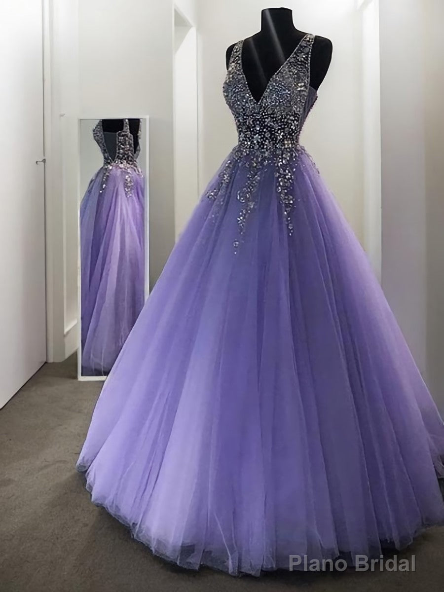 A-Line/Princess V-neck Floor-Length Tulle Evening Dresses With Beading Main image