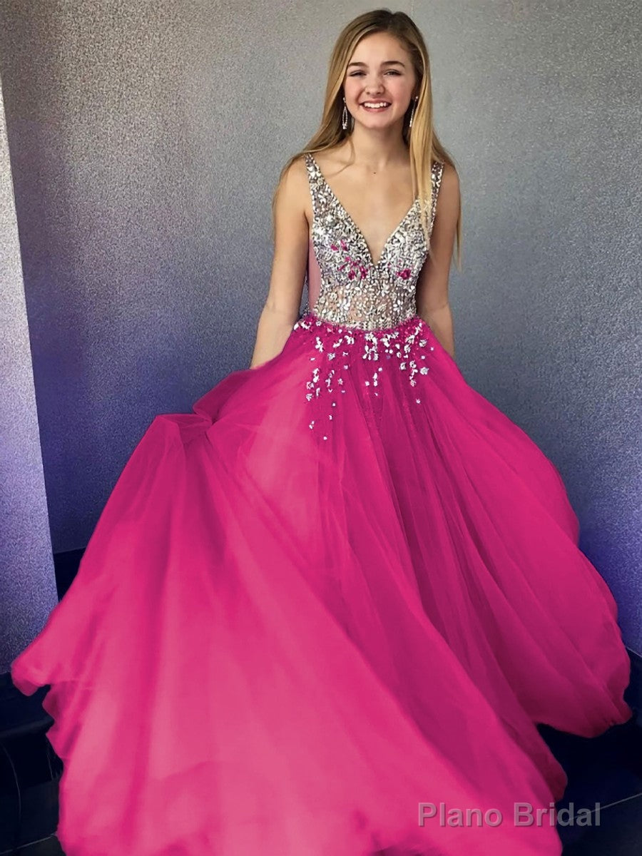 A-Line/Princess V-neck Floor-Length Tulle Evening Dresses With Beading