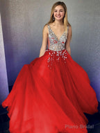 A-Line/Princess V-neck Floor-Length Tulle Evening Dresses With Beading