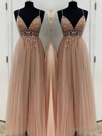A-Line/Princess V-neck Floor-Length Tulle Prom Dresses With Beading