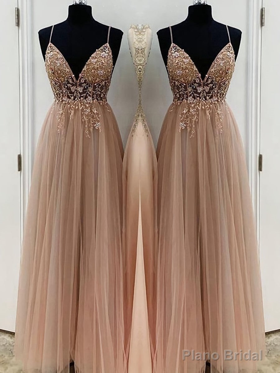 A-Line/Princess V-neck Floor-Length Tulle Prom Dresses With Beading