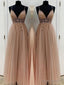A-Line/Princess V-neck Floor-Length Tulle Prom Dresses With Beading