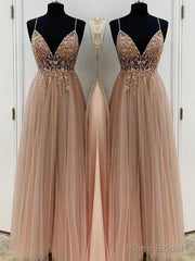 A-Line/Princess V-neck Floor-Length Tulle Prom Dresses With Beading