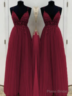 A-Line/Princess V-neck Floor-Length Tulle Prom Dresses With Beading