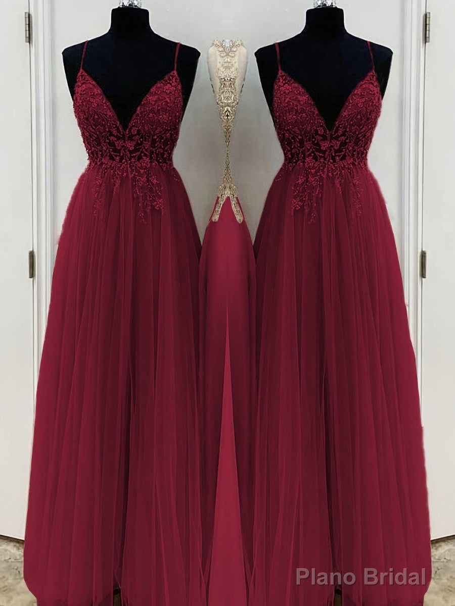 A-Line/Princess V-neck Floor-Length Tulle Prom Dresses With Beading