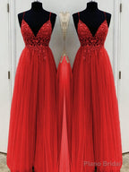 A-Line/Princess V-neck Floor-Length Tulle Prom Dresses With Beading